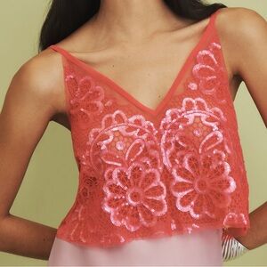 Anthropologie Coral Lace Sequin Top